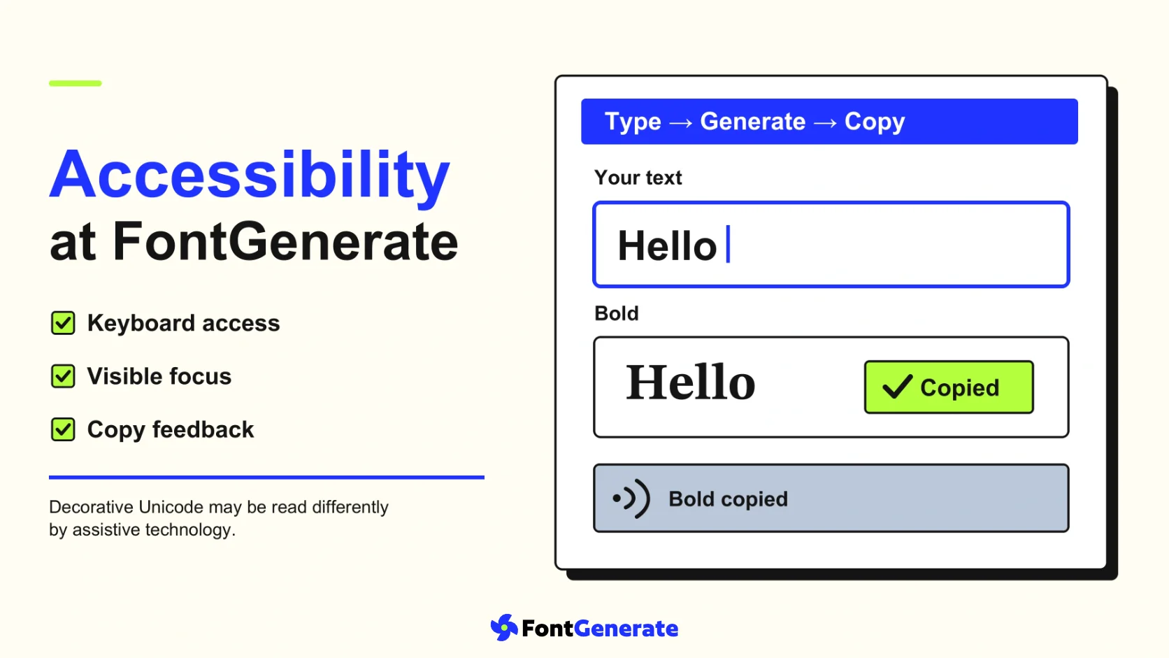 Fonctions d’accessibilité de FontGenerate : clavier, focus visible, confirmation de copie et annonce au lecteur d’écran.