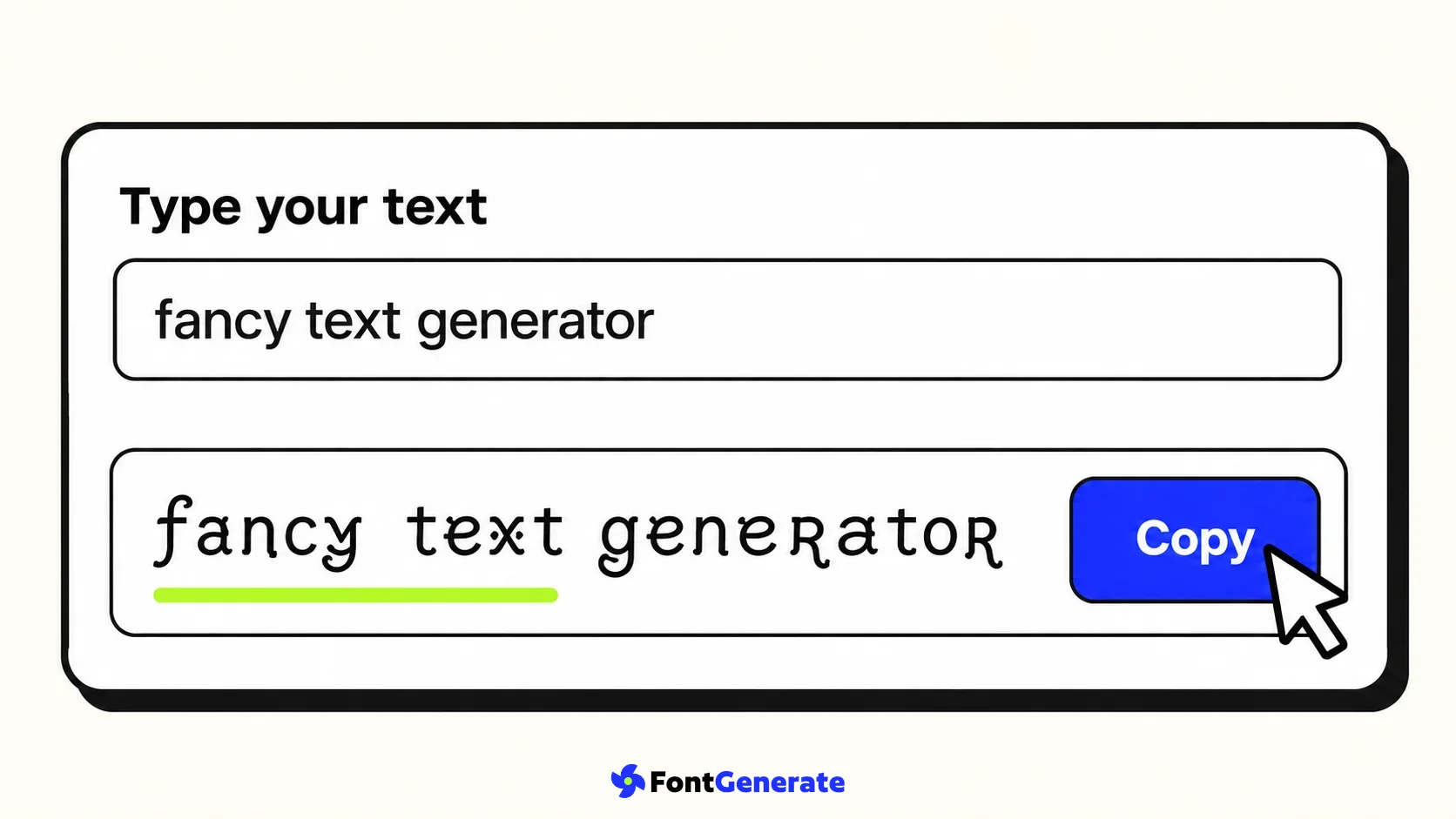 Texto introducido en el generador y convertido en texto Unicode decorativo junto a un botón Copiar.