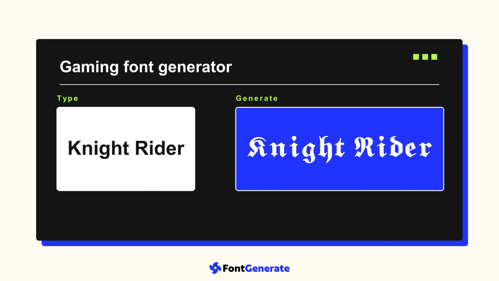 Generador gaming que convierte «Knight Rider» en un nombre Unicode de estilo gótico.